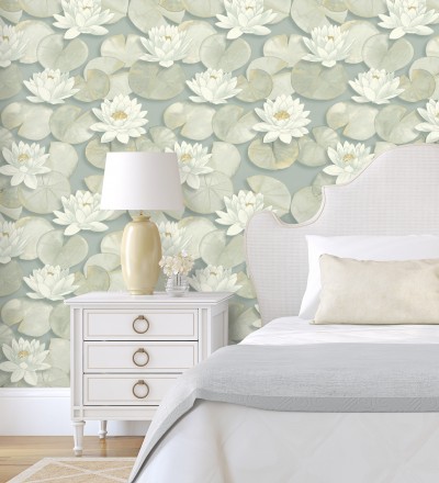 Papel pintado flor blanca fondo verde estilo naturaleza Monet Gardens 128319