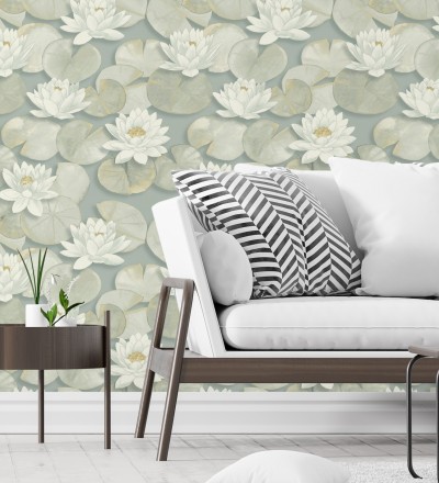Papel pintado flor blanca fondo verde estilo naturaleza Monet Gardens 128319