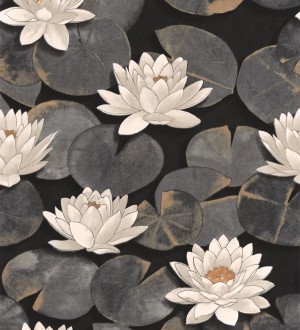 Papel pintado flor de loto fondo negro estilo naturaleza Monet Gardens 128320
