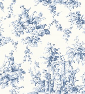 Papel pintado toile de jouy francés azul y blanco estilo oriental Claudette 128347