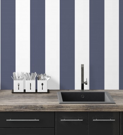 Papel pintado de rayas anchas azul y blanco Oxford Stripes 128399