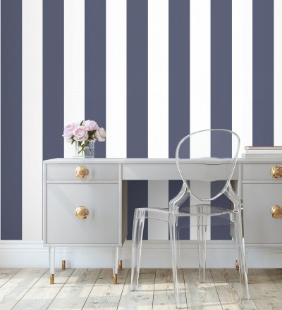 Papel pintado de rayas anchas azul y blanco Oxford Stripes 128399