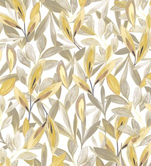 Papel pintado de hojas pequeñas tropicales color mostaza fondo blanco Haiti 128403