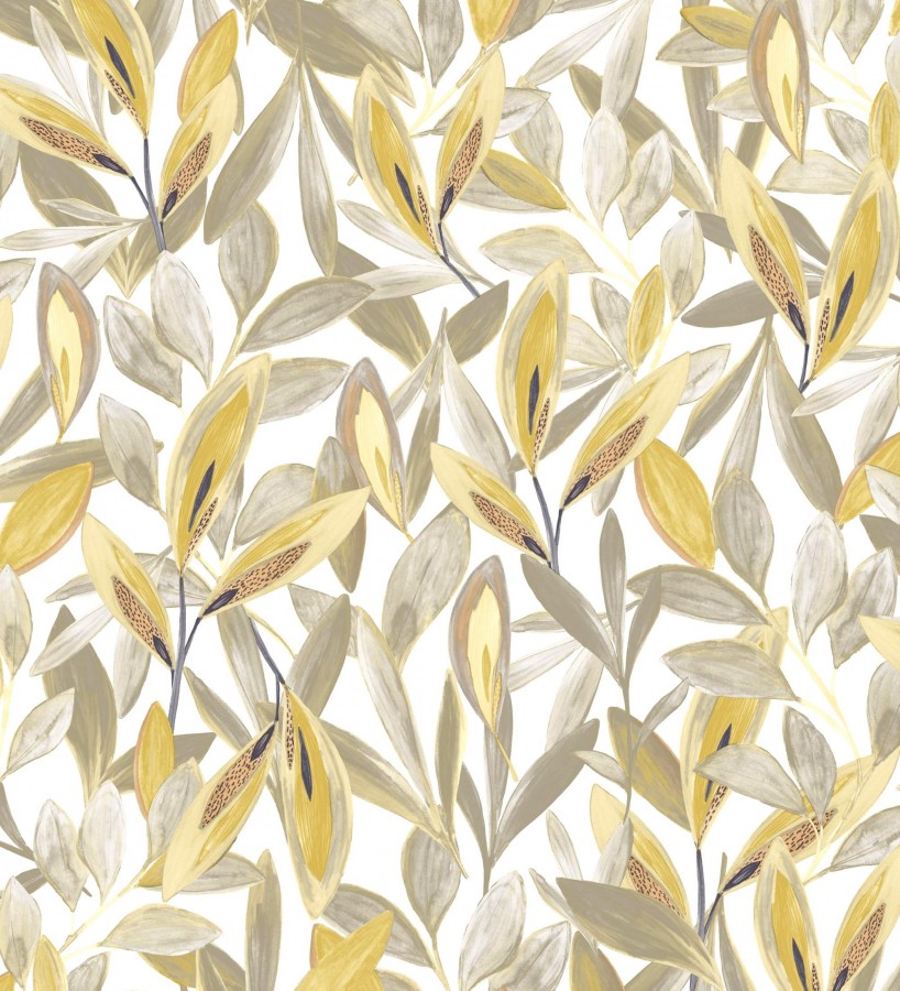 Papel pintado de hojas pequeñas tropicales color mostaza fondo blanco Haiti 128403