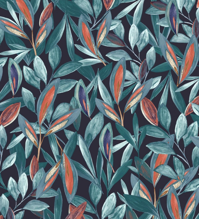 Papel pintado de hojas pequeñas tropicales color azul fondo negro Haiti 128405