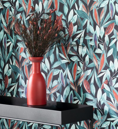 Papel pintado de hojas pequeñas tropicales color azul fondo negro Haiti 128405