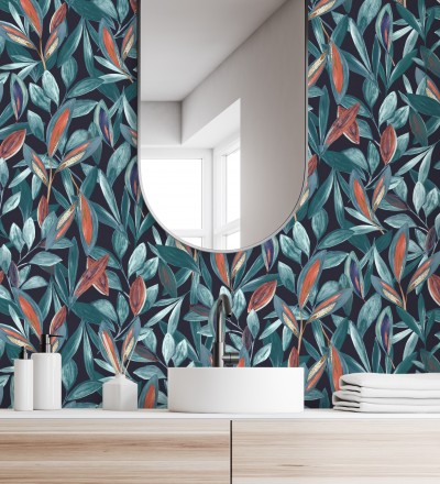 Papel pintado de hojas pequeñas tropicales color azul fondo negro Haiti 128405