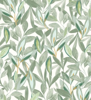 Papel pintado de hojas pequeñas tropicales verdes fondo blanco Haiti 128406