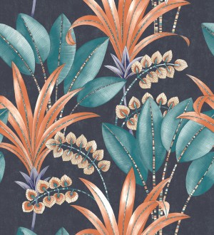 Papel pintado hojas de palma estilo tropical color coral turquesa y azul Nassau 128409