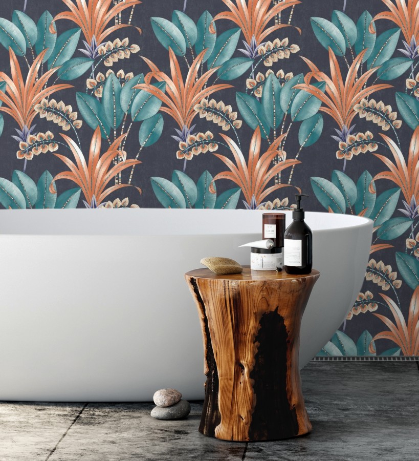 Papel pintado hojas de palma estilo tropical color coral turquesa y azul Nassau 128409