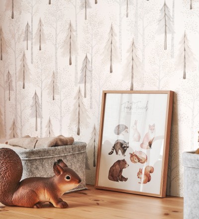 Papel pintado bosque de árboles rosa para niños estilo nórdico Dylan Forest 128419