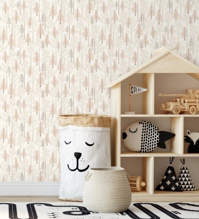 Papel pintado bosque de árboles rosa para niños estilo nórdico Dylan Forest 128419