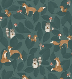Papel pintado de hojas infantil con zorros y mapaches Tod Family 128430