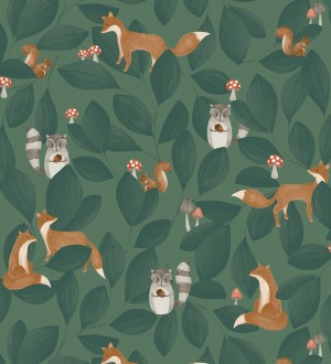 Papel pintado de hojas infantil con zorros y mapaches Tod Family 128432