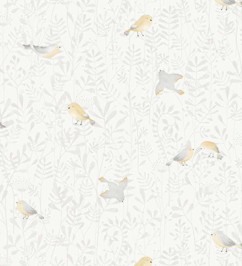 Papel pintado infantil de pájaros y hojas grises Litzy Birds 128440