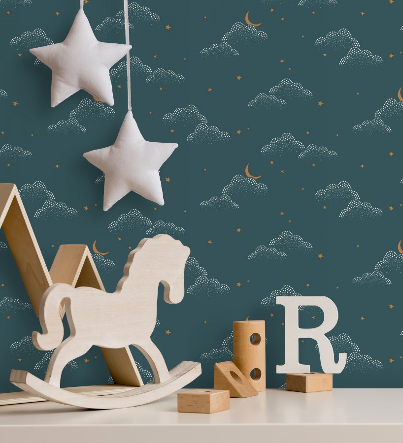 Papel pintado infantil de luna y estrellas fondo blanco - Waning