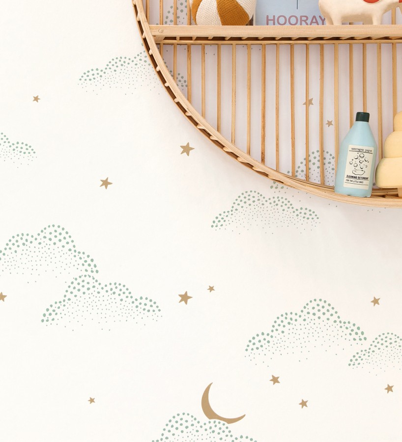 Papel pintado infantil de luna y estrellas fondo blanco - Waning