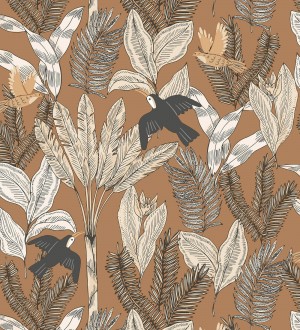 Papel pintado de aves y hojas fondo marrón Moana Tropical 128494