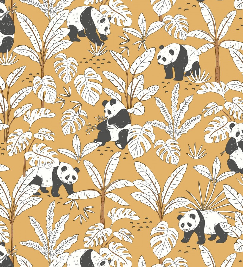 Papel pintado infantil de osos panda fondo naranja Sichuan Panda 128499