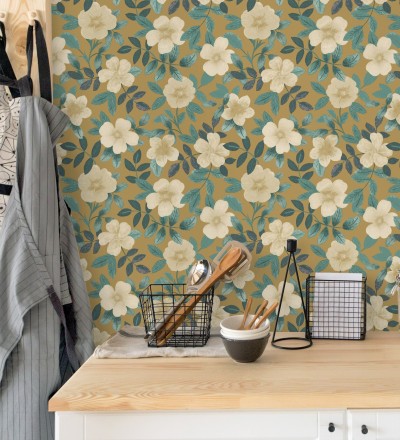 Papel pintado de flores y hojas con textura efecto textil Maitane 128534