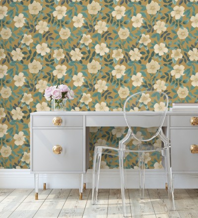 Papel pintado de flores y hojas con textura efecto textil Maitane 128534