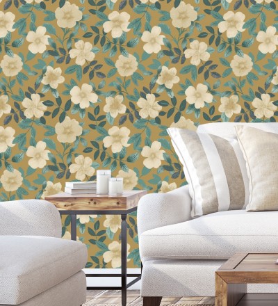 Papel pintado de flores y hojas con textura efecto textil Maitane 128534