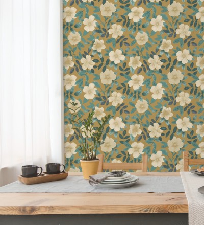 Papel pintado de flores y hojas con textura efecto textil Maitane 128534
