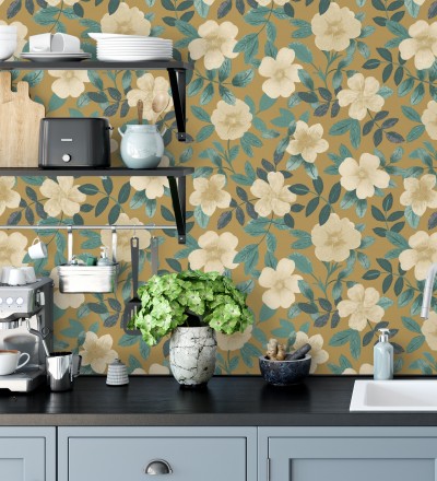Papel pintado de flores y hojas con textura efecto textil Maitane 128534