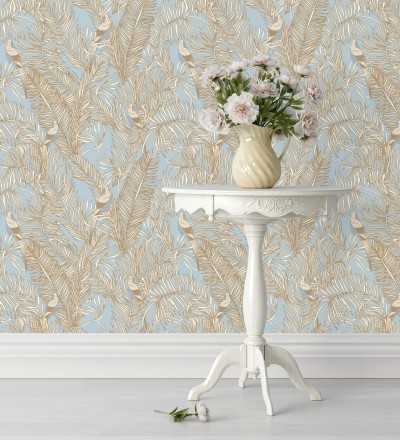 Papel pintado ave del paraíso fondo celeste estilo tropical Zambala Birds 128552