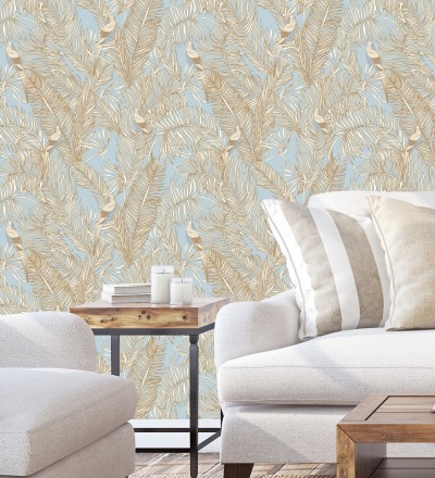 Papel pintado ave del paraíso fondo celeste estilo tropical Zambala Birds 128552