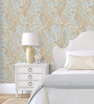 Papel pintado ave del paraíso fondo celeste estilo tropical Zambala Birds 128552