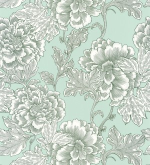 Papel pintado de flores cretonas fondo verde estilo vintage Lahore 128560