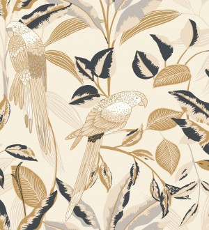 Papel pintado de loros y hojas beige con detalles dorados estilo Art déco Laika Parrots 128618