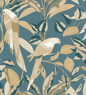 Papel pintado de loros y hojas fondo azul con detalles dorados estilo Art déco Laika Parrots 128621