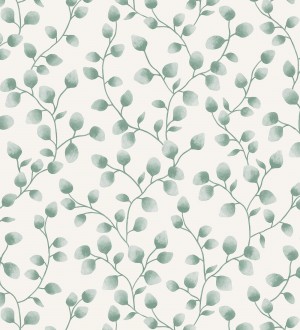 Papel pintado de hojas de eucalipto verdes y fondo blanco Alondra 128633