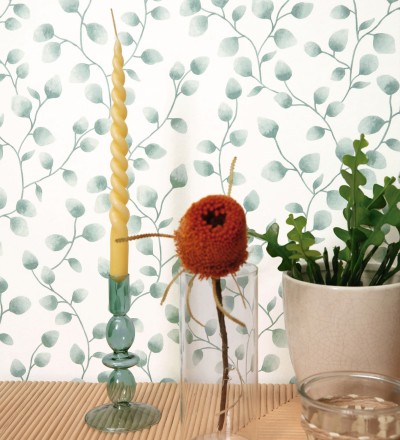 Papel pintado de hojas de eucalipto verdes y fondo blanco Alondra 128633