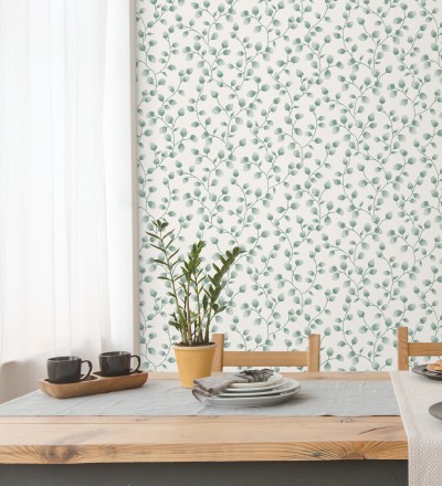 Papel pintado de hojas de eucalipto verdes y fondo blanco Alondra 128633