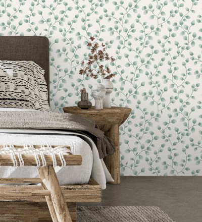 Papel pintado de hojas de eucalipto verdes y fondo blanco Alondra 128633