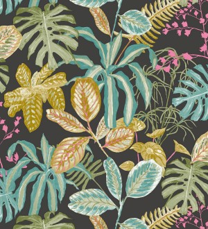 Papel pintado de hojas y plantas verdes y ocres tropicales con flores rosas Manaos Leaves 128643