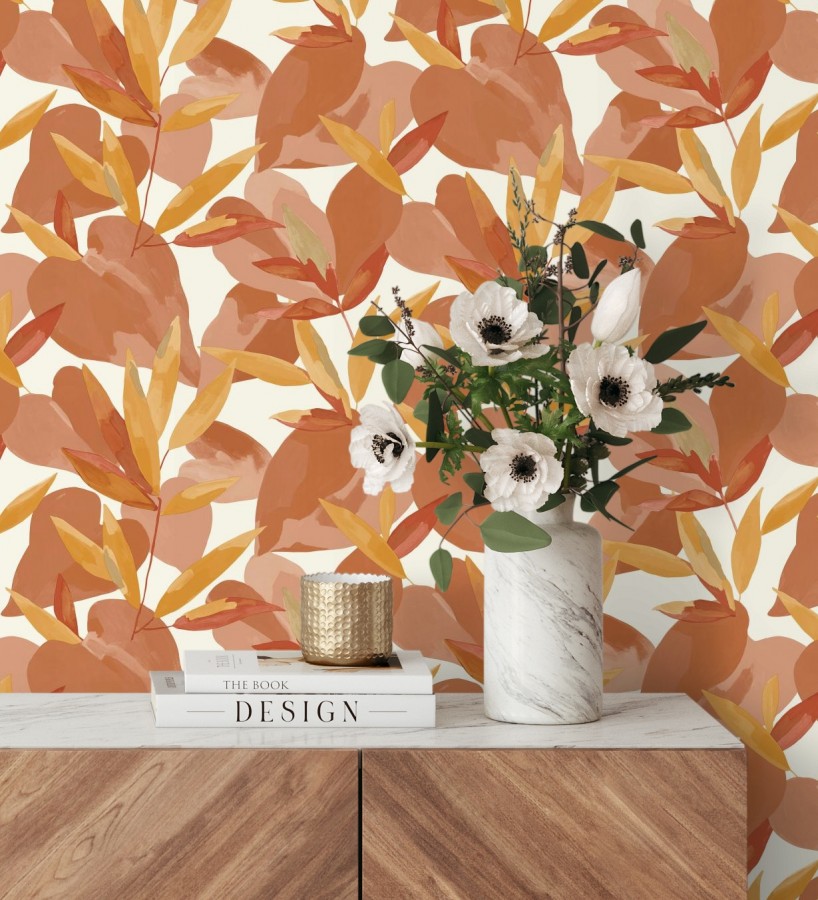 Papel pintado de hojas y plantas tonos naranja con fondo blanco Shida 128654