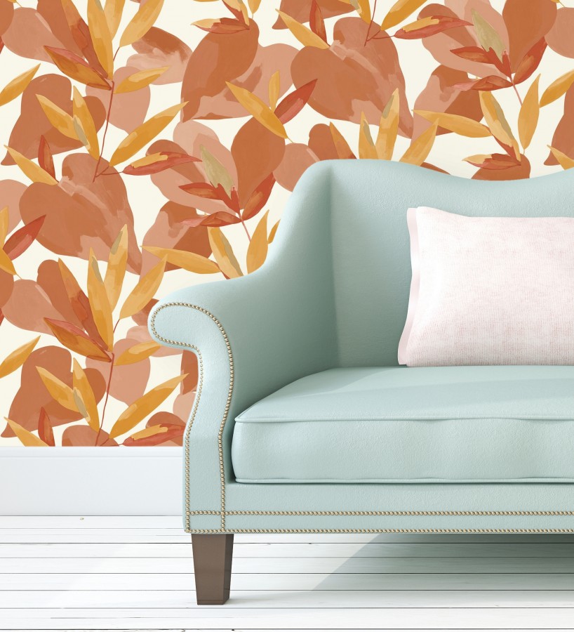 Papel pintado de hojas y plantas tonos naranja con fondo blanco Shida 128654