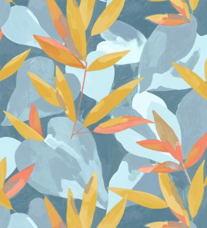 Papel pintado de hojas y plantas en tonos azules y amarillos con fondo azul Shida 128655