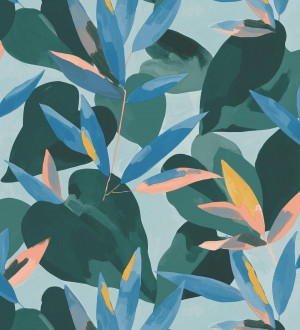 Papel pintado de hojas y plantas tonos azules y verdes con fondo verde Shida 128656