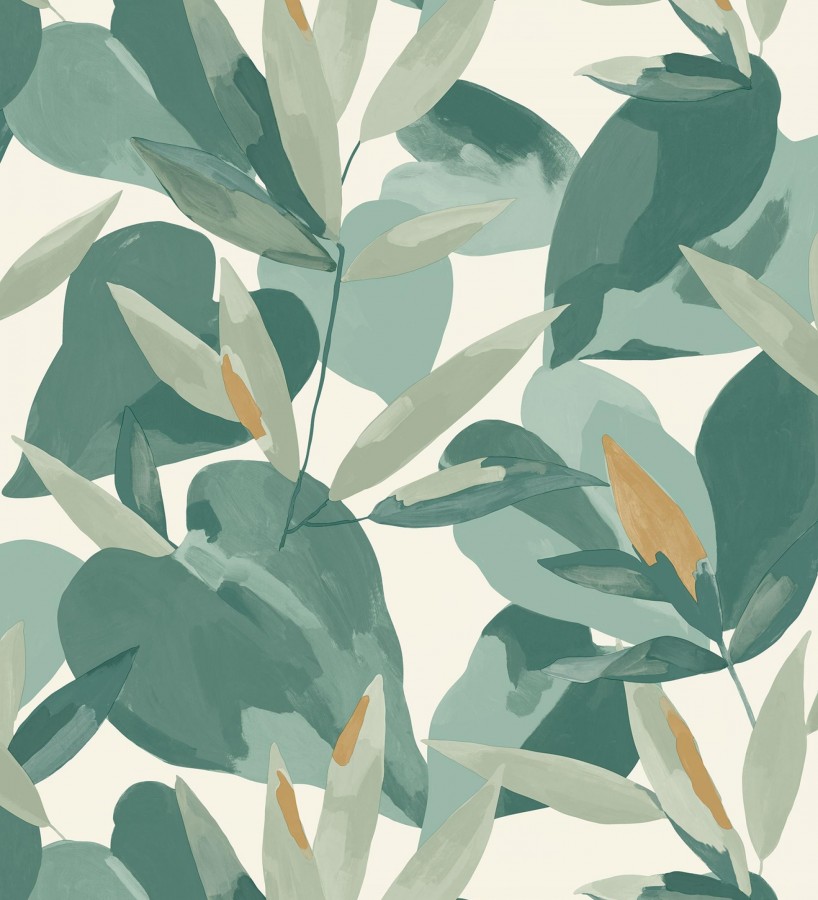 Papel pintado de hojas y plantas en tonos verdes y dorados con fondo blanco Shida 128657