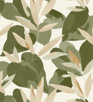 Papel pintado de hojas y plantas en tonos verdes y beige con fondo blanco Shida 128658
