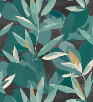 Papel pintado de hojas y plantas en tonos verdes cono fondo negro Shida 128659