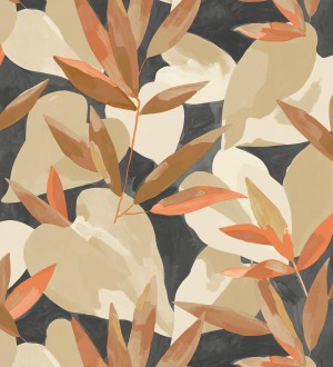 Papel pintado de hojas y plantas en tonos beige y marrón con fondo negro Shida 128660