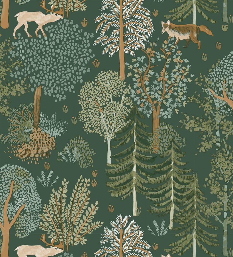 Papel pintado de árboles con ciervos y zorros Keyan Forest 128692