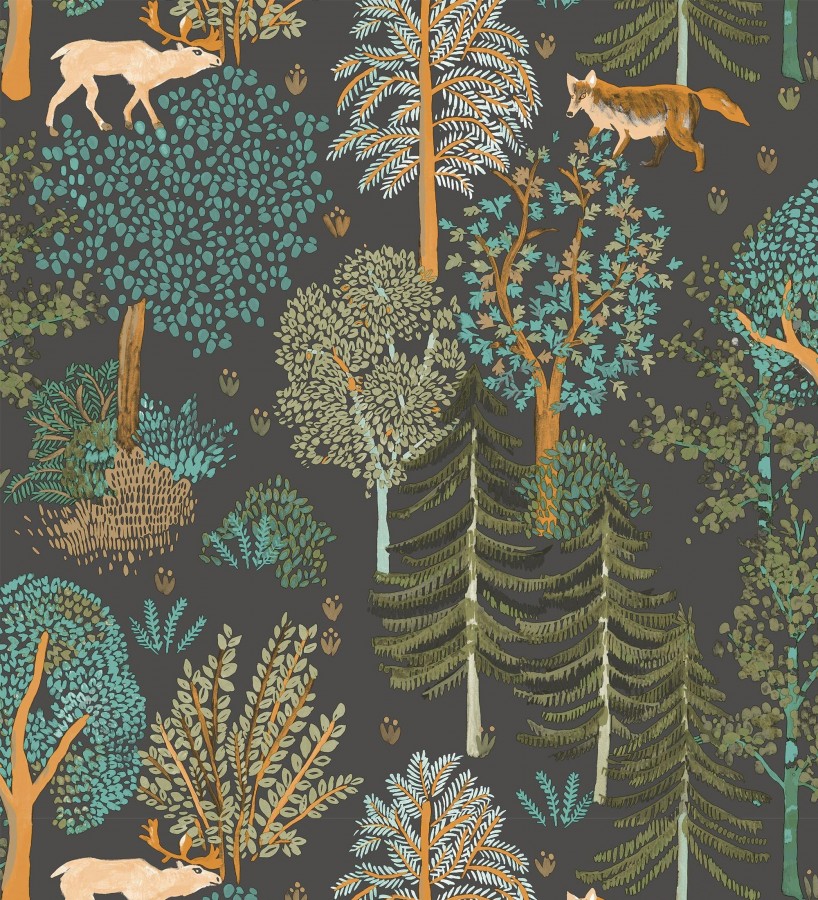 Papel pintado de árboles con ciervos y zorros Keyan Forest 128693