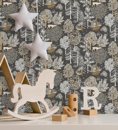 Papel pintado de árboles con ciervos y zorros Keyan Forest 128694